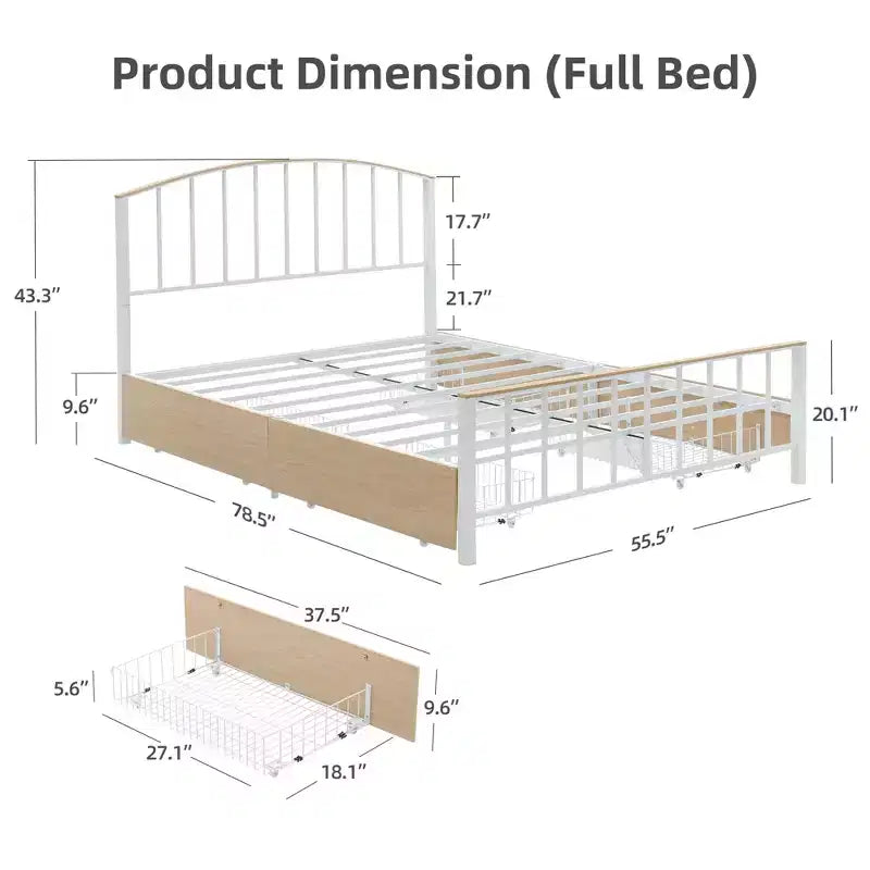 Struttura letto a piattaforma in rovere con 4 cassetti contenitore, Full, 1 persona