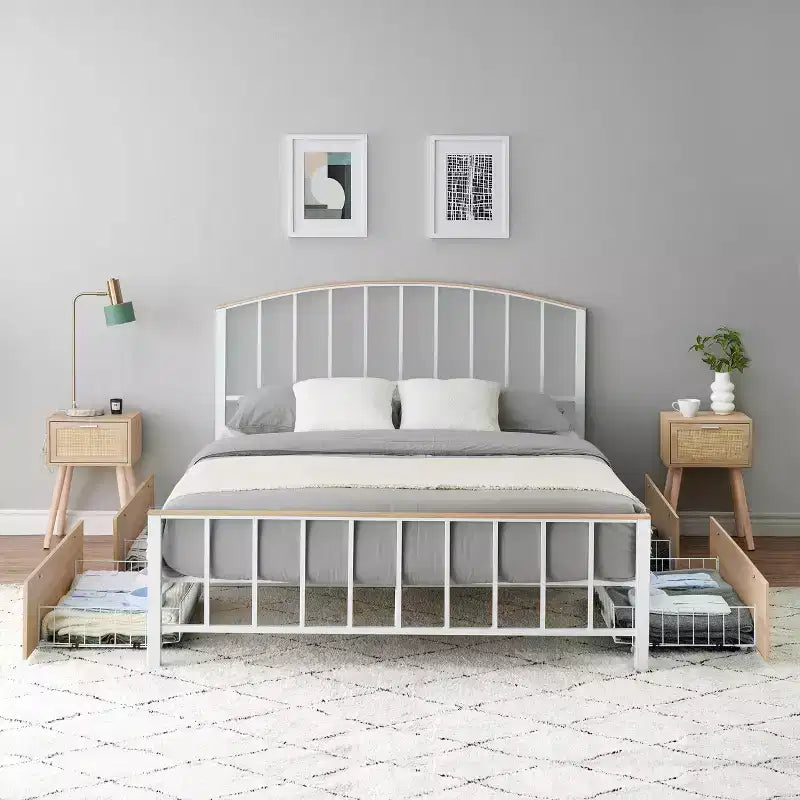 Struttura letto a piattaforma in rovere con 4 cassetti contenitore, Full, 1 persona