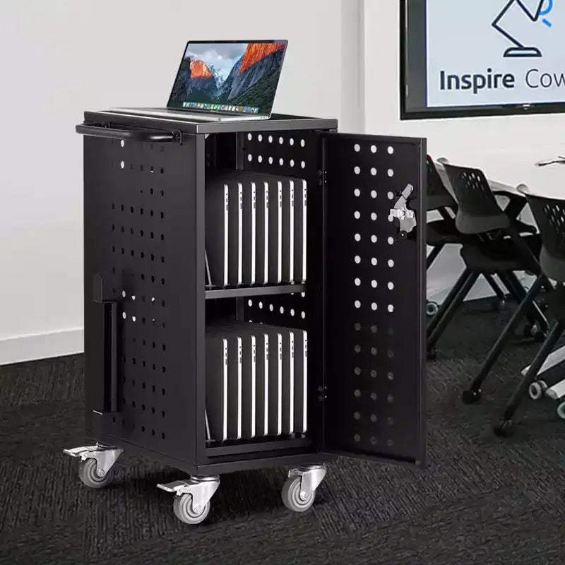 Carrello di ricarica mobile in metallo nero, 16 dispositivi, fino a 15,6"