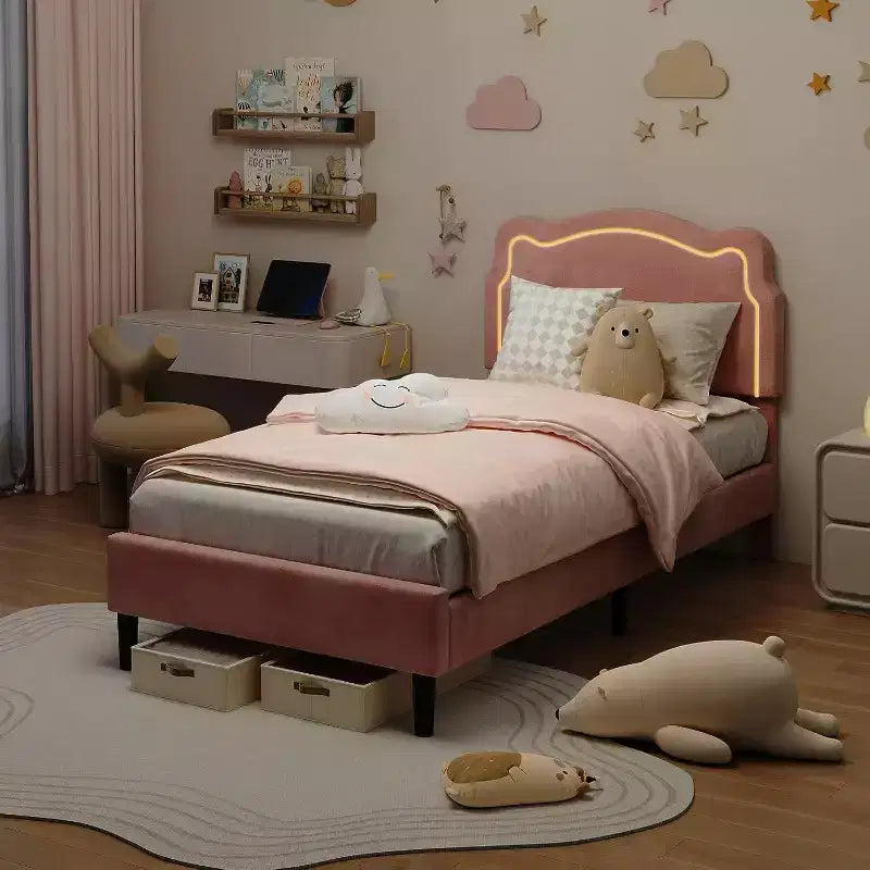 Struttura letto a piattaforma singola imbottita beige/rosa con testiera a forma di orsetto e LED RGB, nessun bisogno di rete a molle
