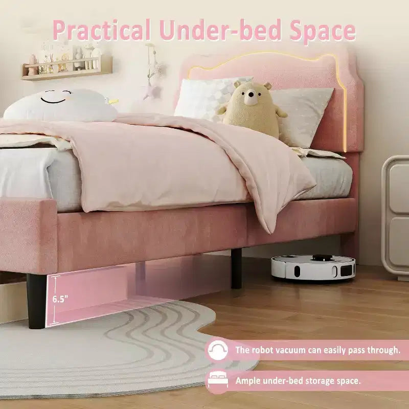 Struttura letto a piattaforma singola imbottita beige/rosa con testiera a forma di orsetto e LED RGB, nessun bisogno di rete a molle