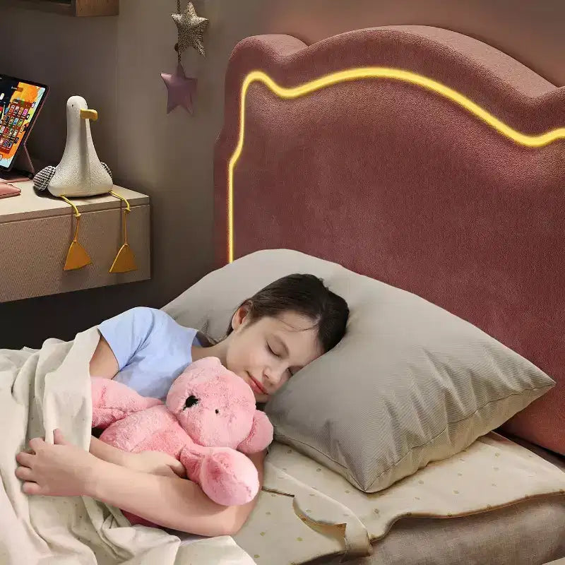 Struttura letto a piattaforma singola imbottita beige/rosa con testiera a forma di orsetto e LED RGB, nessun bisogno di rete a molle