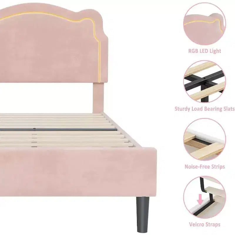 Struttura letto a piattaforma singola imbottita beige/rosa con testiera a forma di orsetto e LED RGB, nessun bisogno di rete a molle