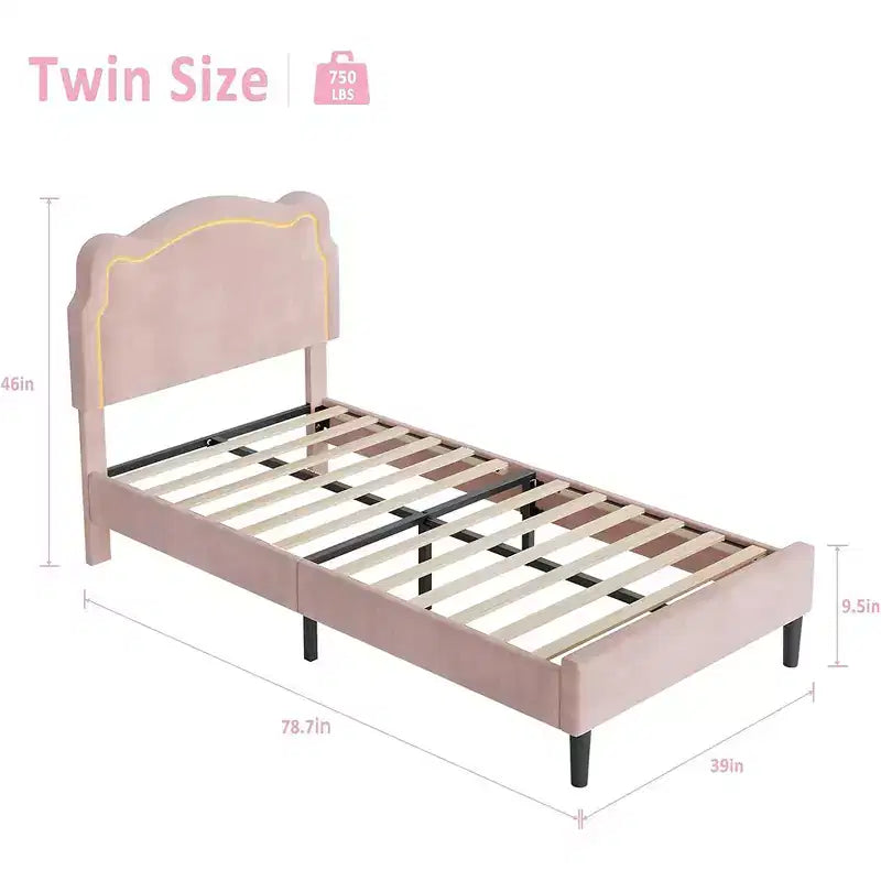 Struttura letto a piattaforma singola imbottita beige/rosa con testiera a forma di orsetto e LED RGB, nessun bisogno di rete a molle