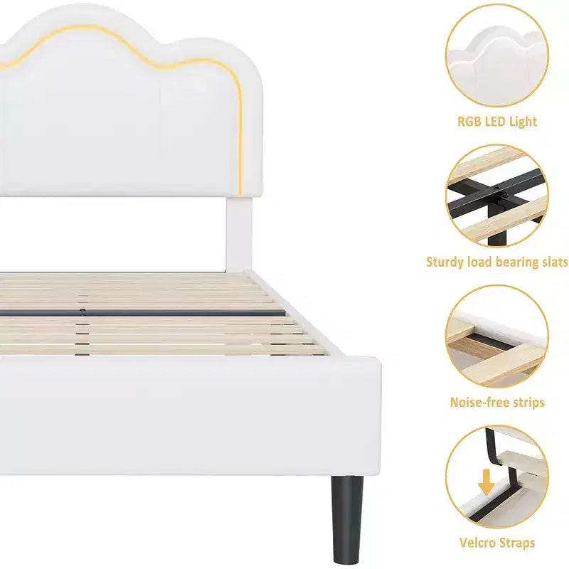 Struttura letto a piattaforma singola imbottita beige/rosa con testiera a forma di orsetto e LED RGB, nessun bisogno di rete a molle