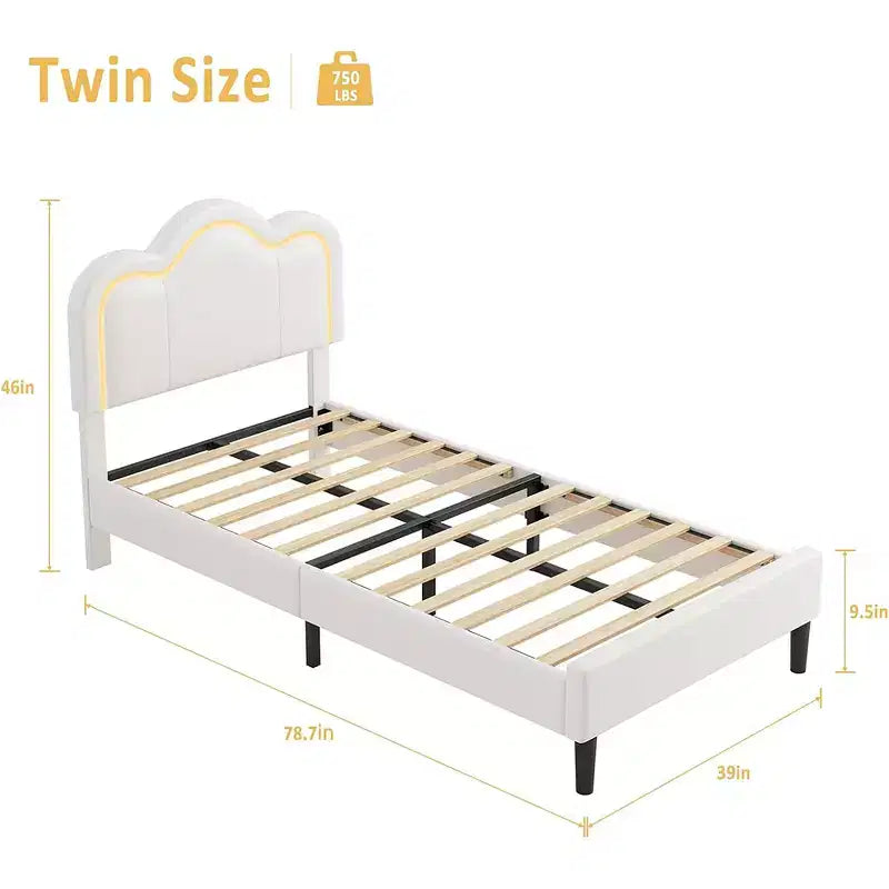 Struttura letto a piattaforma singola imbottita beige/rosa con testiera a forma di orsetto e LED RGB, nessun bisogno di rete a molle