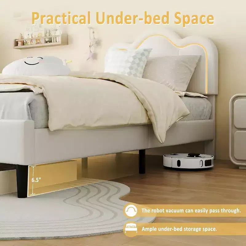 Struttura letto a piattaforma singola imbottita beige/rosa con testiera a forma di orsetto e LED RGB, nessun bisogno di rete a molle