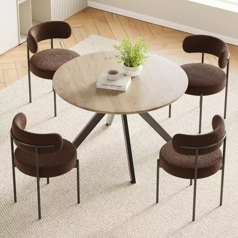 Tavolo da pranzo rotondo nero/marrone/bianco, base in metallo a 4 gambe, 4–6 posti a sedere