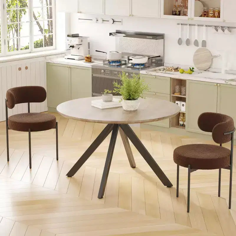 Tavolo da pranzo rotondo nero/marrone/bianco, base in metallo a 4 gambe, 4–6 posti a sedere