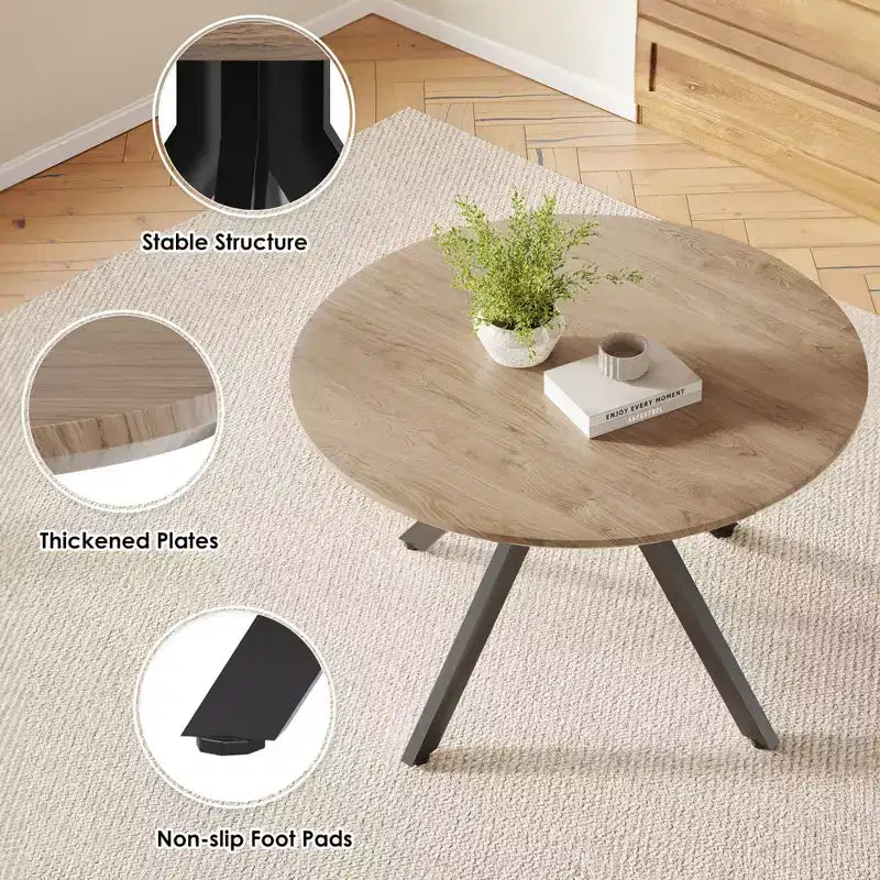 Tavolo da pranzo rotondo nero/marrone/bianco, base in metallo a 4 gambe, 4–6 posti a sedere