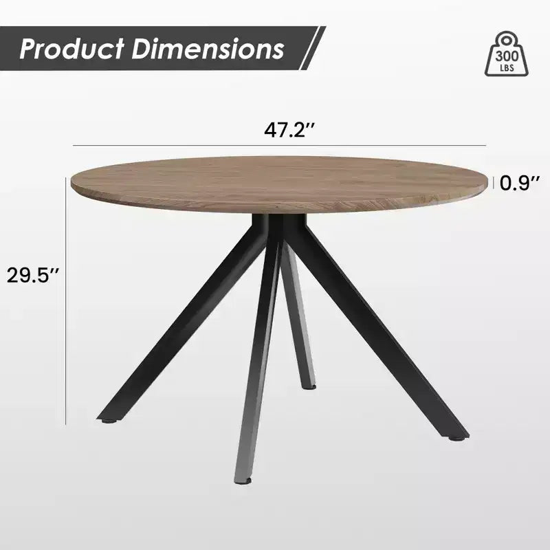 Tavolo da pranzo rotondo nero/marrone/bianco, base in metallo a 4 gambe, 4–6 posti a sedere