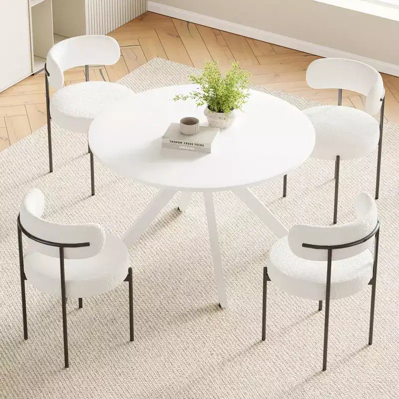 Tavolo da pranzo rotondo nero/marrone/bianco, base in metallo a 4 gambe, 4–6 posti a sedere