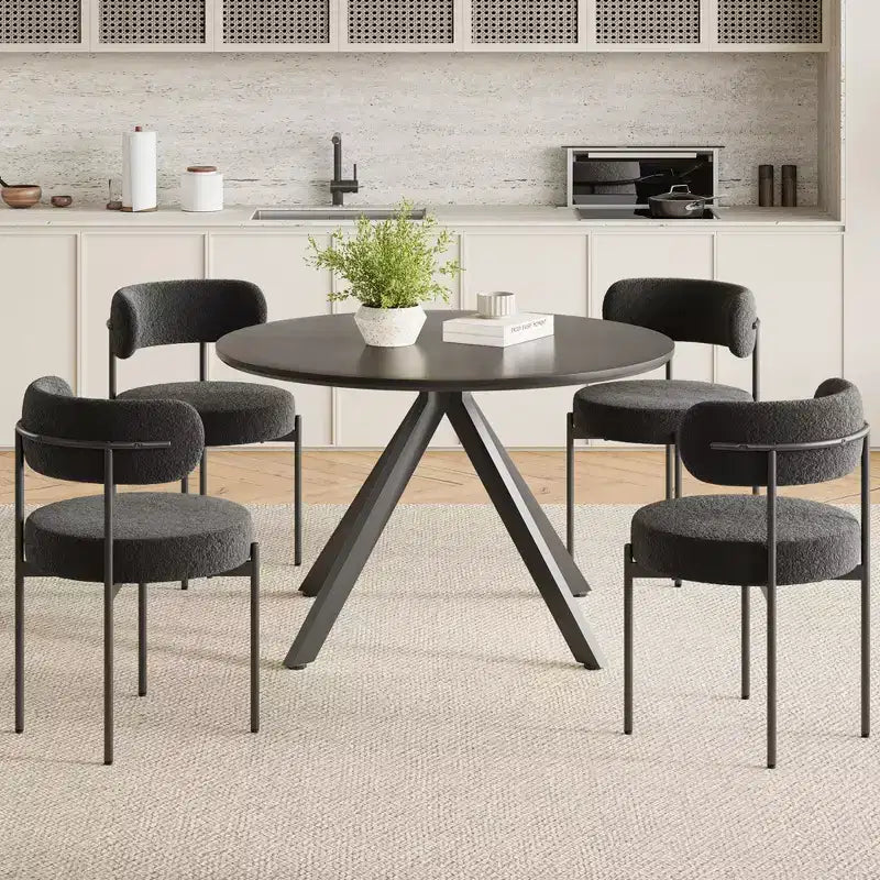 Tavolo da pranzo rotondo nero/marrone/bianco, base in metallo a 4 gambe, 4–6 posti a sedere