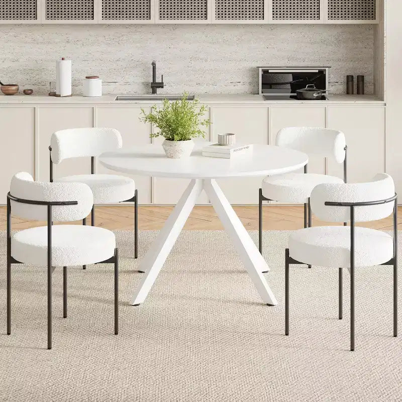 Tavolo da pranzo rotondo nero/marrone/bianco, base in metallo a 4 gambe, 4–6 posti a sedere