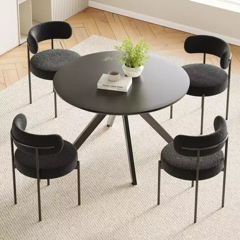 Tavolo da pranzo rotondo nero/marrone/bianco, base in metallo a 4 gambe, 4–6 posti a sedere