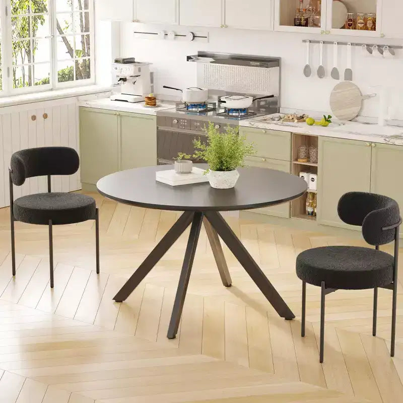 Tavolo da pranzo rotondo nero/marrone/bianco, base in metallo a 4 gambe, 4–6 posti a sedere