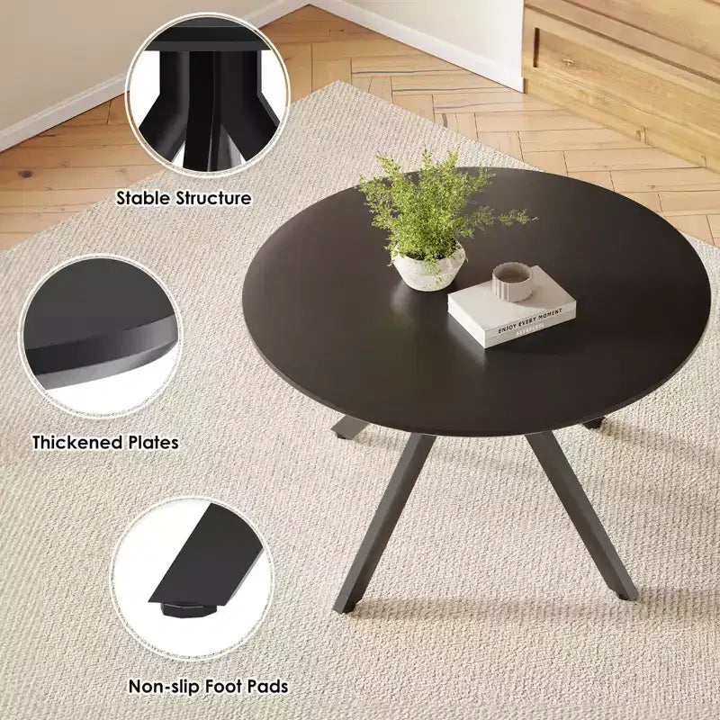 Tavolo da pranzo rotondo nero/marrone/bianco, base in metallo a 4 gambe, 4–6 posti a sedere