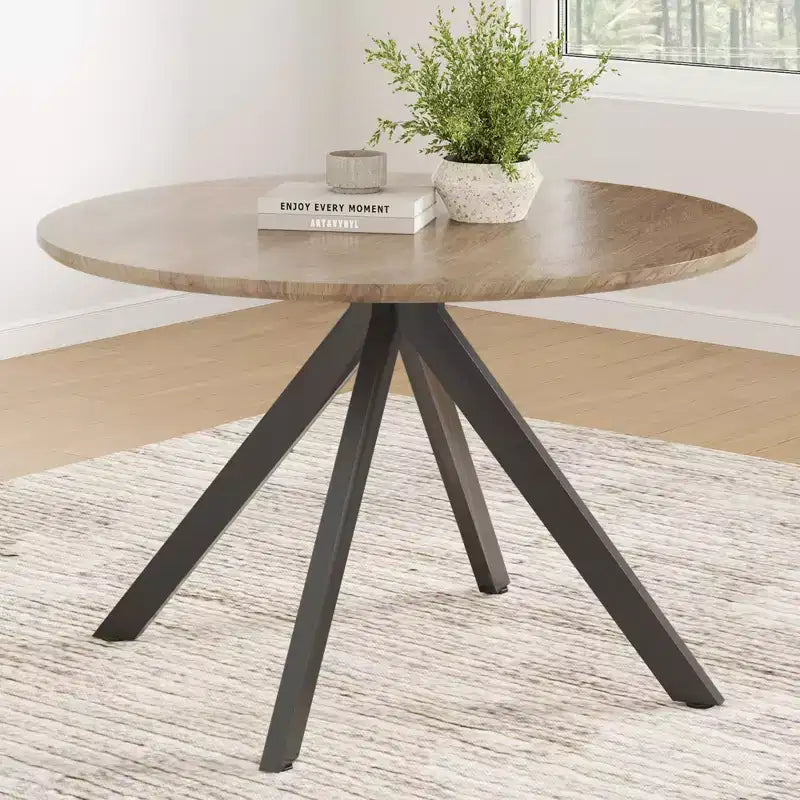 Tavolo da pranzo rotondo nero/marrone/bianco, base in metallo a 4 gambe, 4–6 posti a sedere