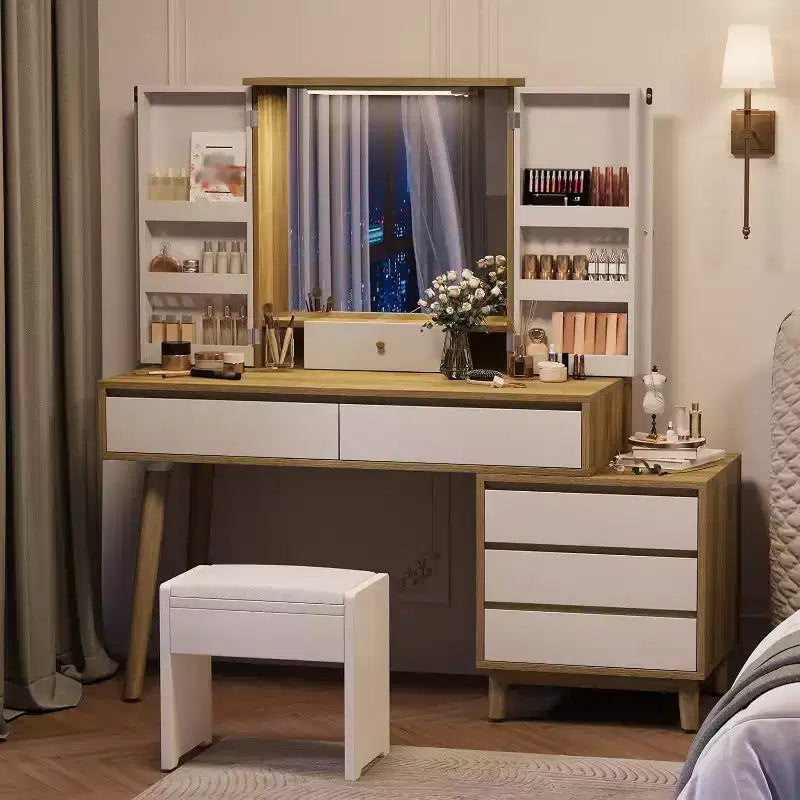 Scrivania da trucco bianca a LED con specchio, 6 cassetti, illuminazione a 3 colori, singola