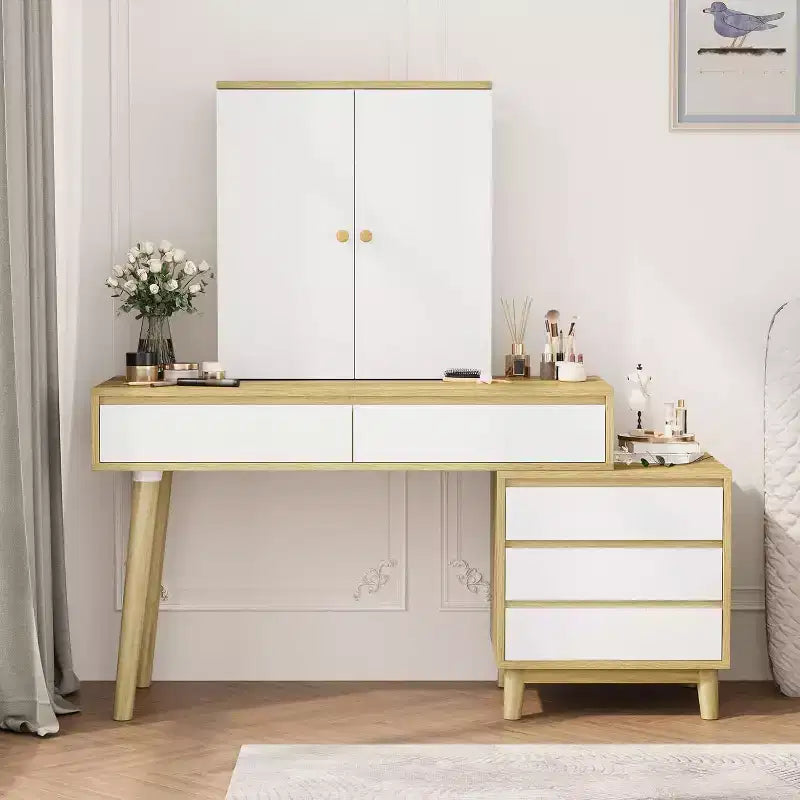 Scrivania da trucco bianca a LED con specchio, 6 cassetti, illuminazione a 3 colori, singola