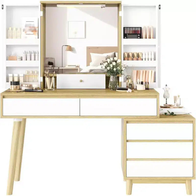 Scrivania da trucco bianca a LED con specchio, 6 cassetti, illuminazione a 3 colori, singola