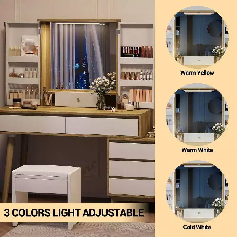 Scrivania da trucco bianca a LED con specchio, 6 cassetti, illuminazione a 3 colori, singola
