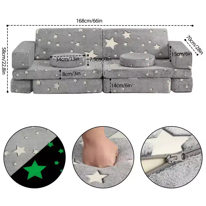 Divano modulare per bambini con stelle grigie/fosforescenti, 2 posti