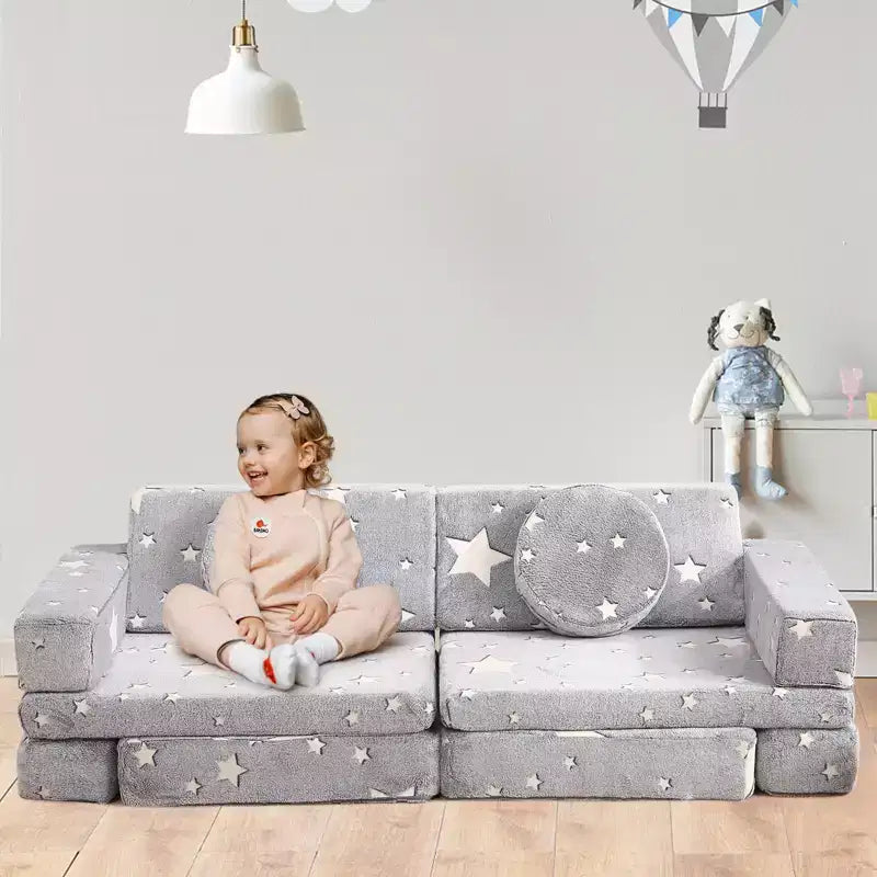 Divano modulare per bambini con stelle grigie/fosforescenti, 2 posti