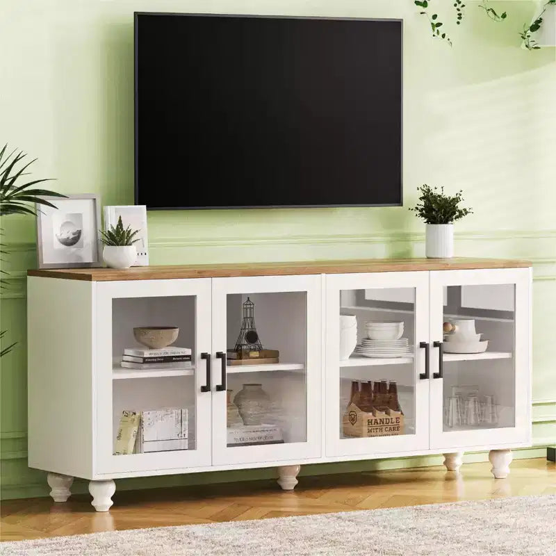 Mobile TV da masseria bianco/nero con ante in vetro, per TV fino a 70"
