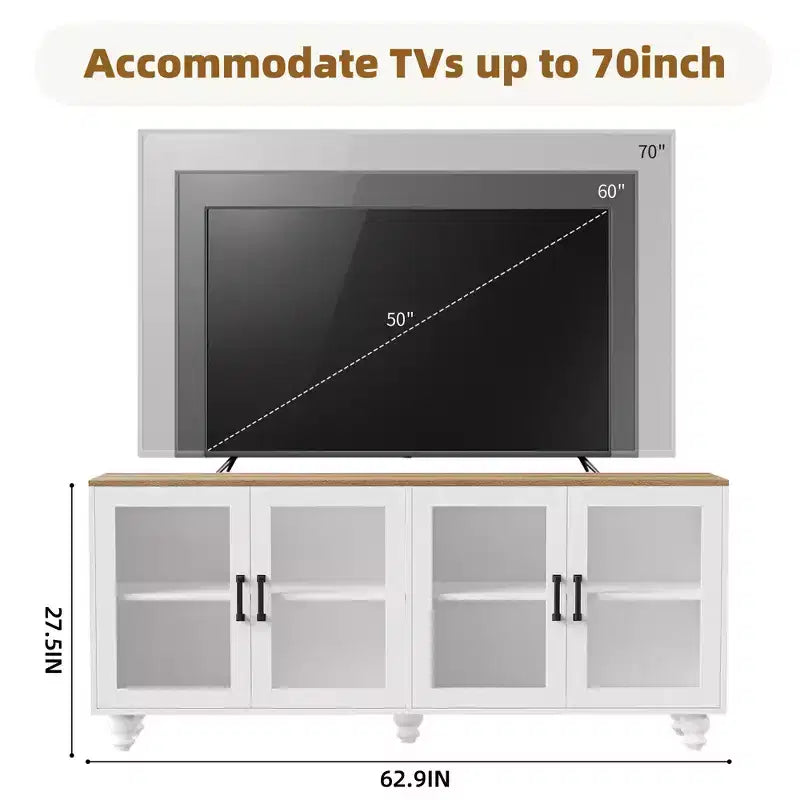 Mobile TV da masseria bianco/nero con ante in vetro, per TV fino a 70"