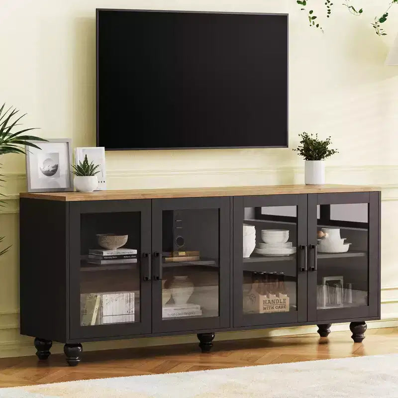 Mobile TV da masseria bianco/nero con ante in vetro, per TV fino a 70"