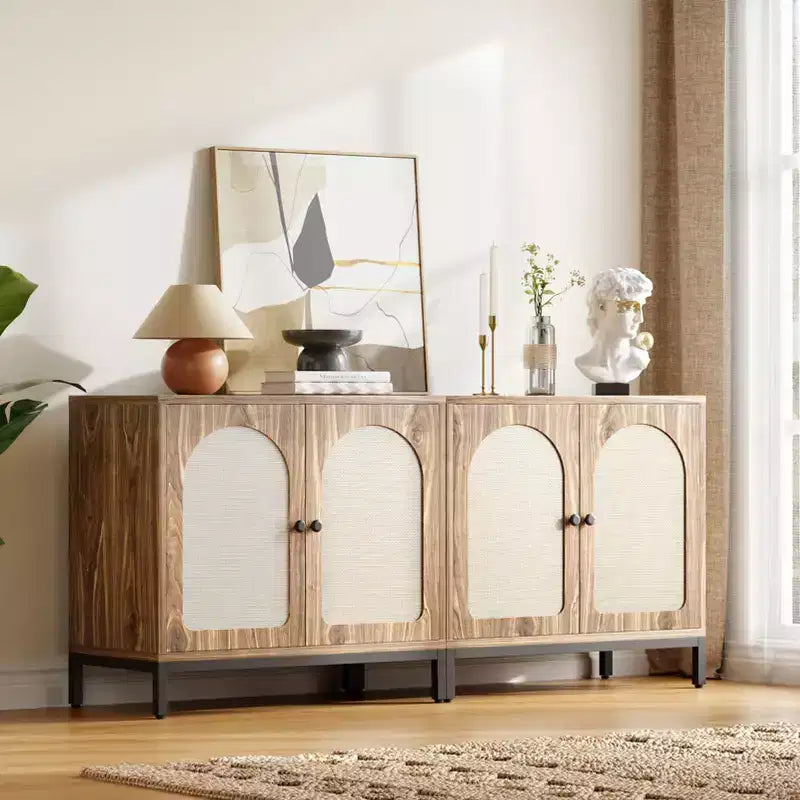 Madia credenza nera/marrone in rattan, mobile console da soggiorno/sala da pranzo con vano portaoggetti a 1 anta