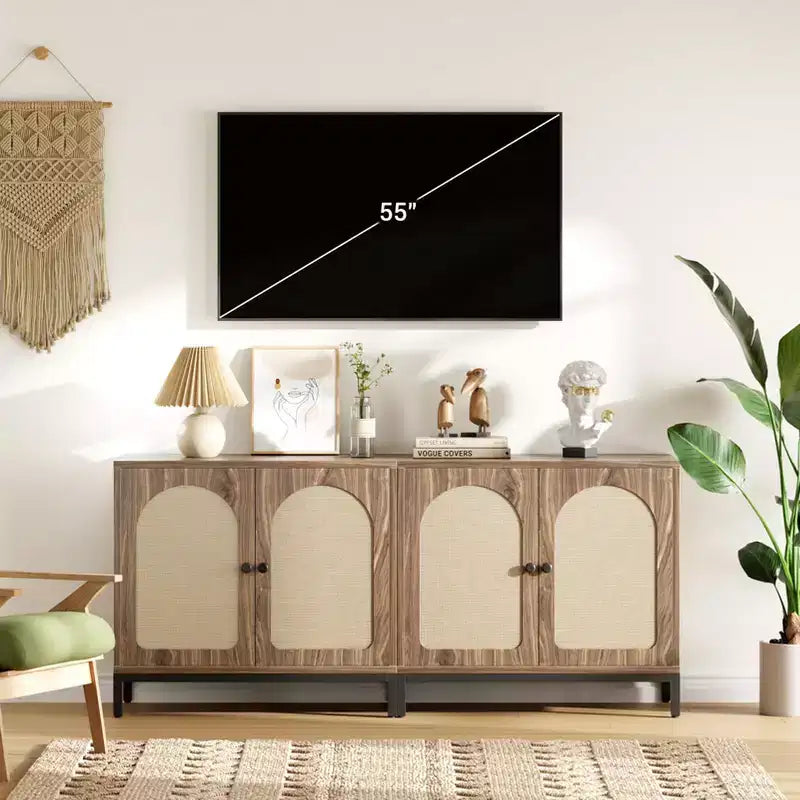 Madia credenza nera/marrone in rattan, mobile console da soggiorno/sala da pranzo con vano portaoggetti a 1 anta