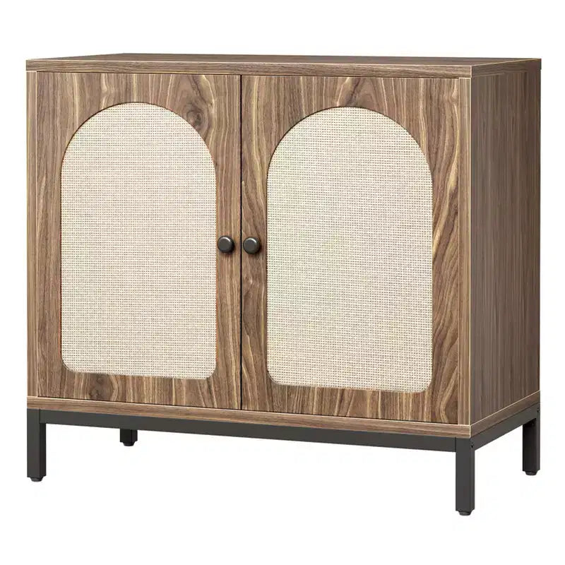 Madia credenza nera/marrone in rattan, mobile console da soggiorno/sala da pranzo con vano portaoggetti a 1 anta