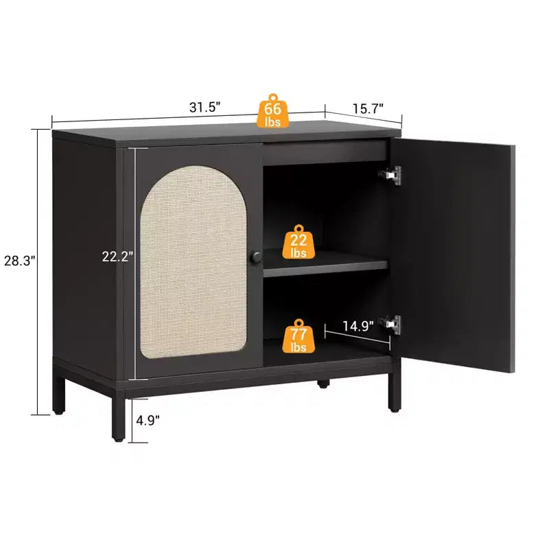 Madia credenza nera/marrone in rattan, mobile console da soggiorno/sala da pranzo con vano portaoggetti a 1 anta
