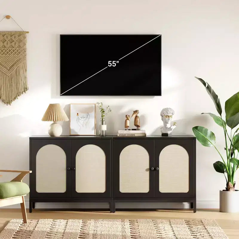 Madia credenza nera/marrone in rattan, mobile console da soggiorno/sala da pranzo con vano portaoggetti a 1 anta