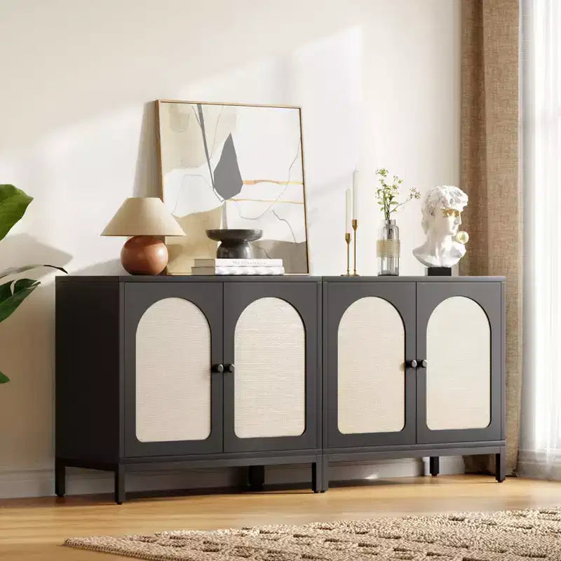 Madia credenza nera/marrone in rattan, mobile console da soggiorno/sala da pranzo con vano portaoggetti a 1 anta