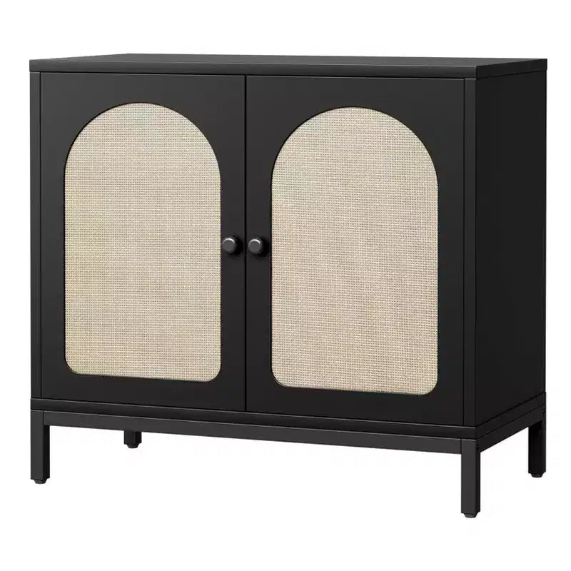 Madia credenza nera/marrone in rattan, mobile console da soggiorno/sala da pranzo con vano portaoggetti a 1 anta