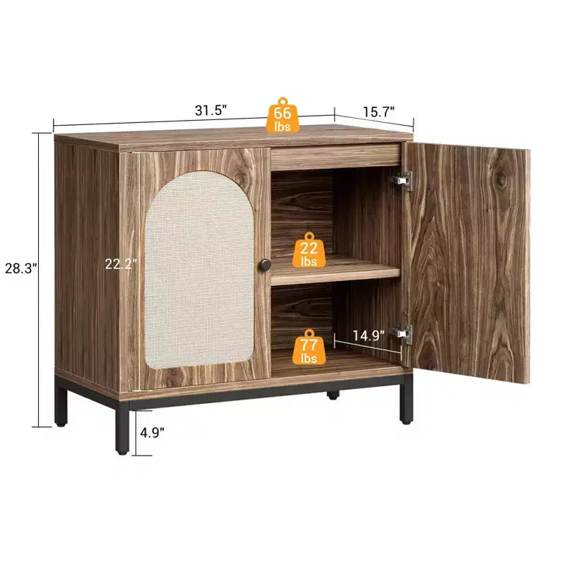 Madia credenza nera/marrone in rattan, mobile console da soggiorno/sala da pranzo con vano portaoggetti a 1 anta