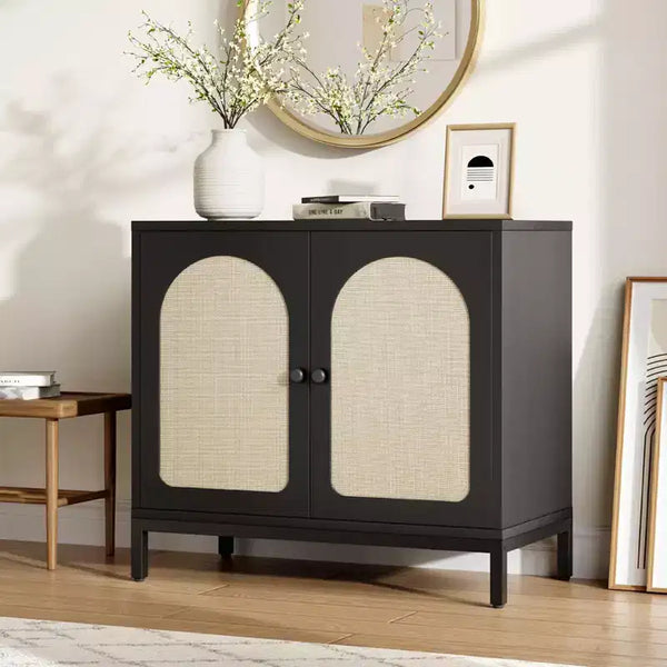 Madia credenza nera/marrone in rattan, mobile console da soggiorno/sala da pranzo con vano portaoggetti a 1 anta
