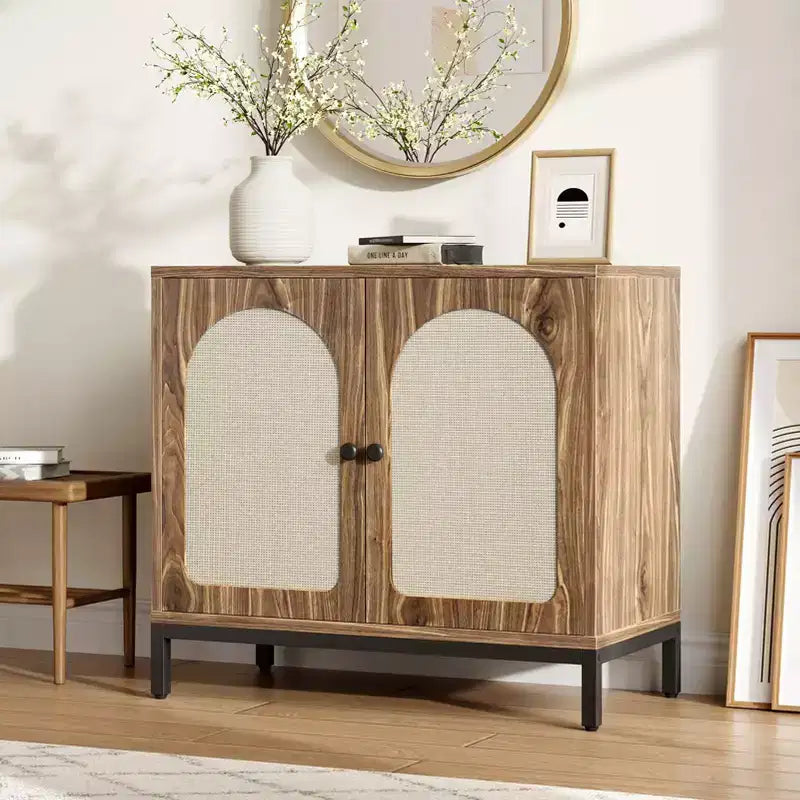 Madia credenza nera/marrone in rattan, mobile console da soggiorno/sala da pranzo con vano portaoggetti a 1 anta