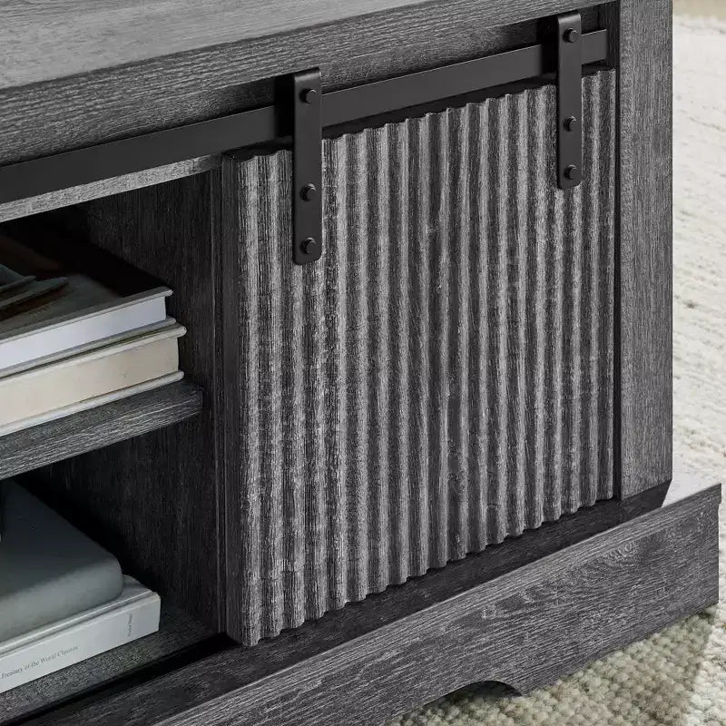 Tavolino da caffè rettangolare da fattoria marrone/bianco e grigio con porta scorrevole e contenitore a 3 cubi, 1 pezzo