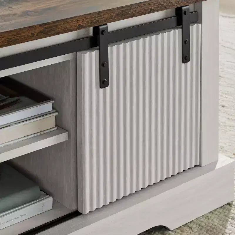 Tavolino da caffè rettangolare da fattoria marrone/bianco e grigio con porta scorrevole e contenitore a 3 cubi, 1 pezzo
