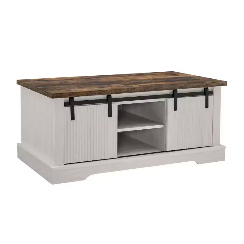 Tavolino da caffè rettangolare da fattoria marrone/bianco e grigio con porta scorrevole e contenitore a 3 cubi, 1 pezzo