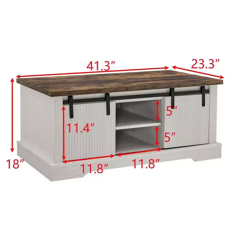 Tavolino da caffè rettangolare da fattoria marrone/bianco e grigio con porta scorrevole e contenitore a 3 cubi, 1 pezzo