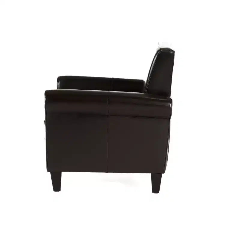 Poltrona Club in similpelle marrone con braccioli arrotolati, 1 posto a sedere