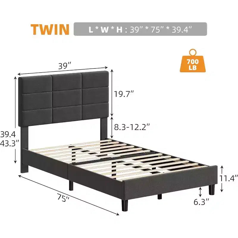 Letto a piattaforma imbottito Queen grigio con testiera regolabile, per 1-2 persone