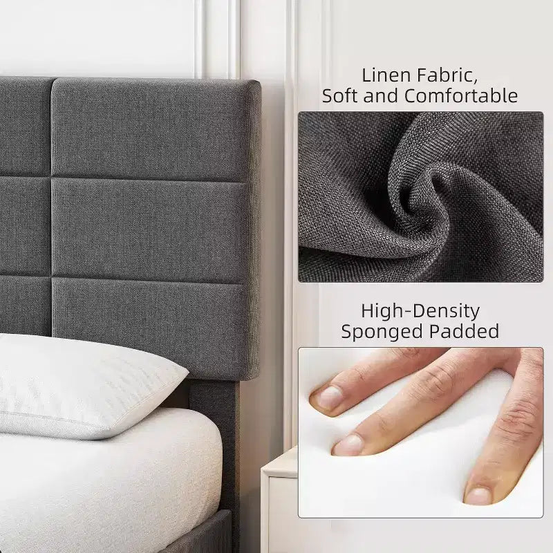 Letto a piattaforma imbottito Queen grigio con testiera regolabile, per 1-2 persone