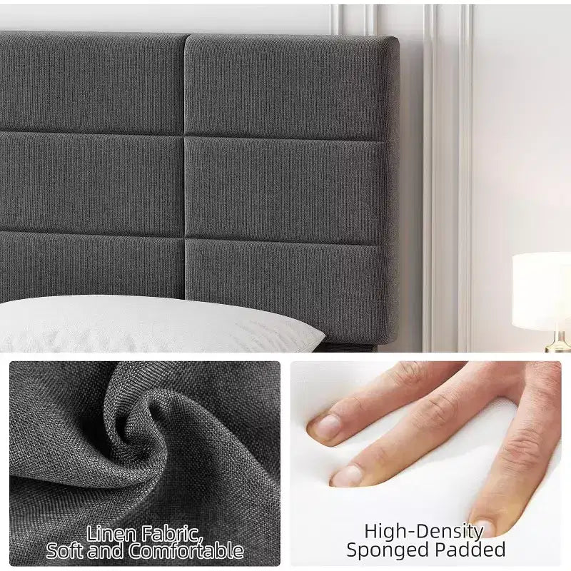 Letto a piattaforma imbottito Queen grigio con testiera regolabile, per 1-2 persone