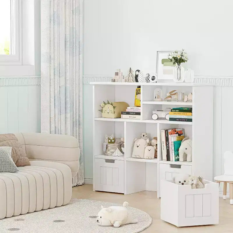 Mobile contenitore bianco a 6 scomparti per bambini con 3 cassetti e ruote